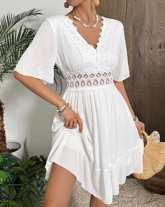 Robe Col En V Dentelle Garniture Taille Coupe A