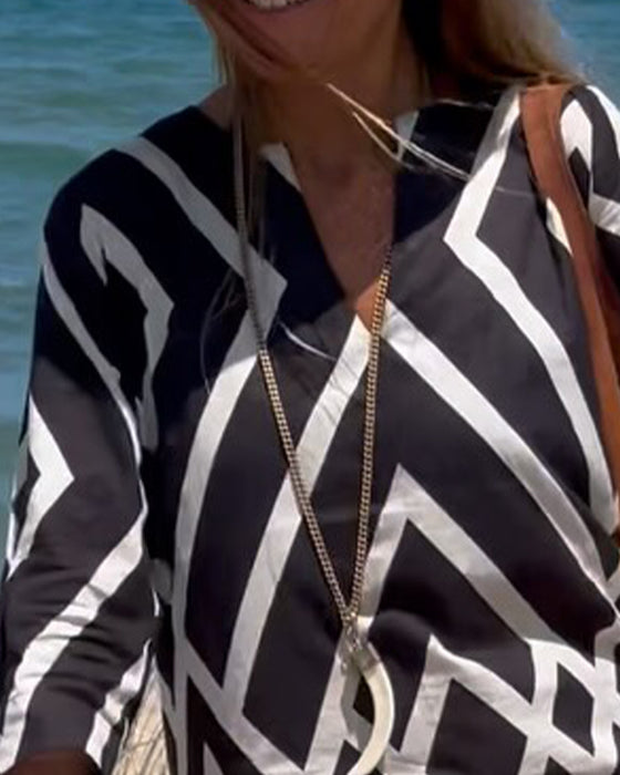 Robe Motif Diamant Col V Manche Mi-longue Grande Jupe