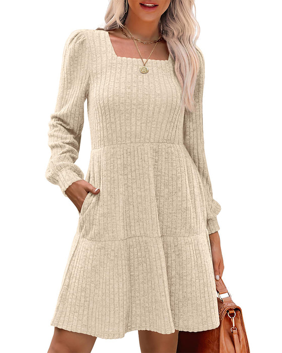 🍂Nouvelle Collection Automne 2025⏰ Robe Femme à Col Carré, Manches Lanternes et Côtelée