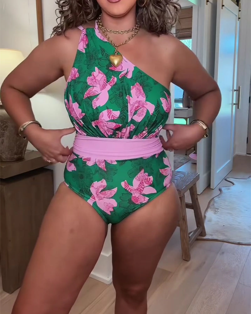 Maillot De Bain Une Pièce Cache-Cœur Bloc De Couleur Fleuri