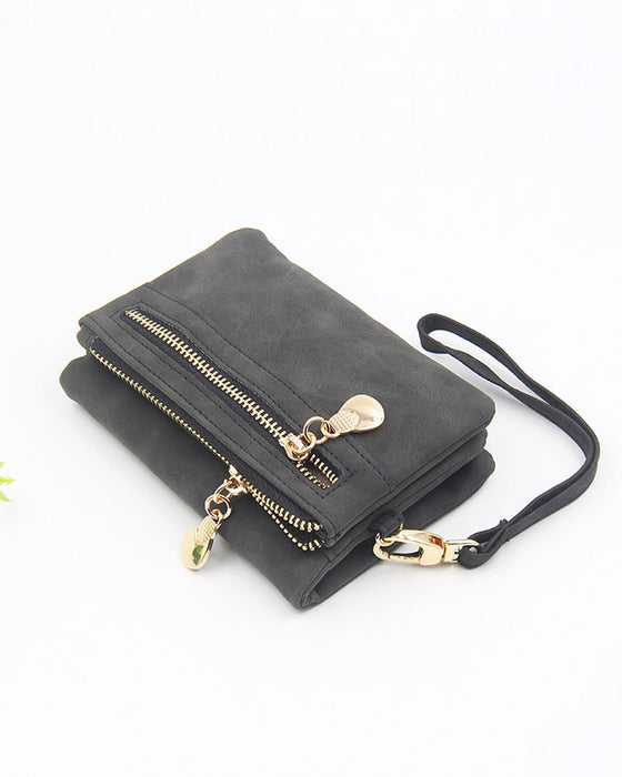 Portefeuille Bifold À Fermeture Éclair Pour Femme Uni Court Porte-Cartes