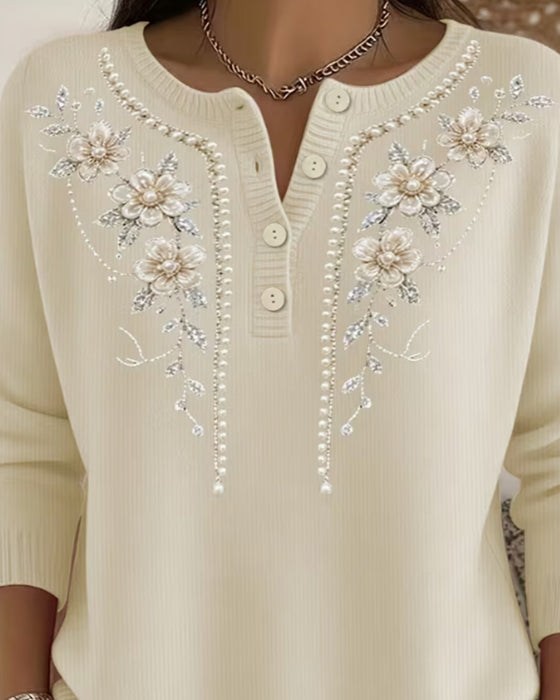 Sweat Col Rond Boutonnage Fleuri Manches Longues