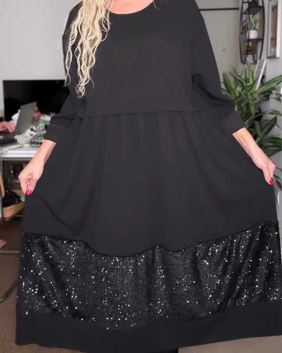 Robe Col Rond Paillette Patchwork Loose