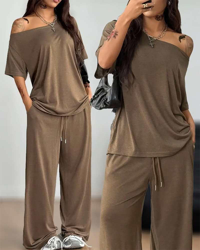 Ensemble Col Oblique Cordon De Serrage À La Taille Large Jambe Pantalon