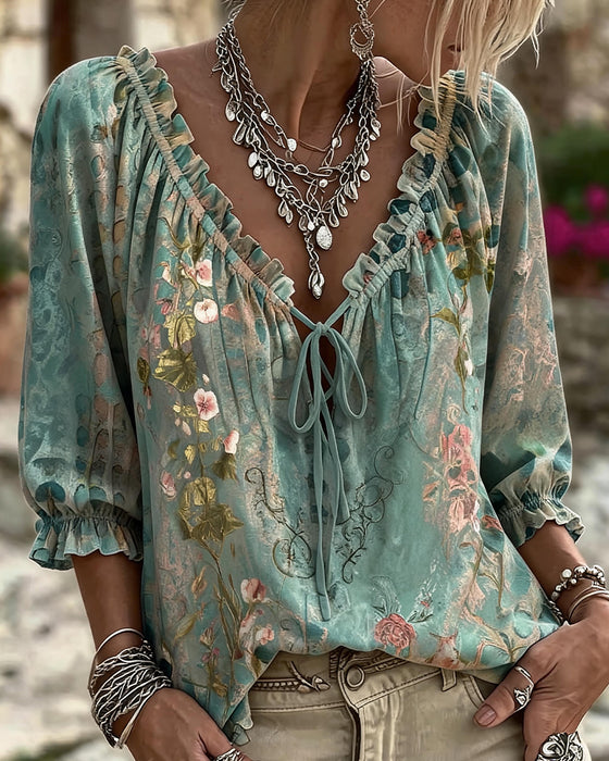 Blouse Imprimé Floral Cordon Manche Trois Quarts