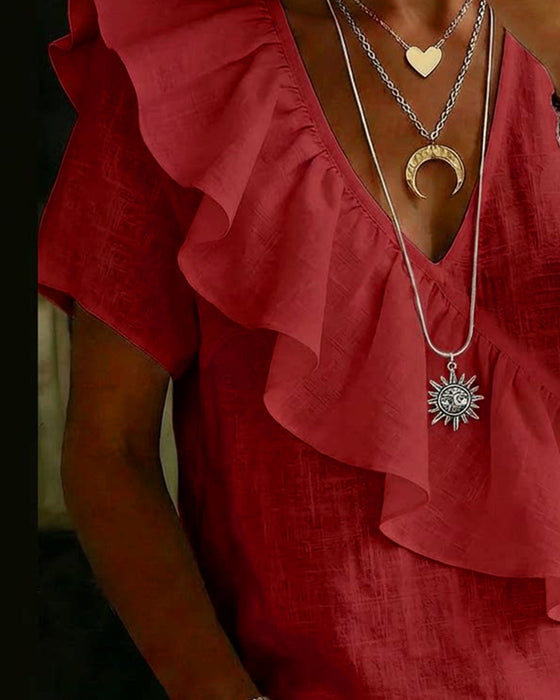 Blouse Col V Manches Courtes Volantée