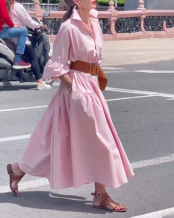 Robe jupe ample à revers de couleur unie