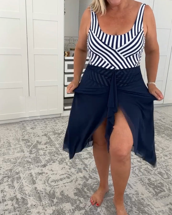 Ensemble Maillot de Bain à Encolure U Rayé Une Pièce