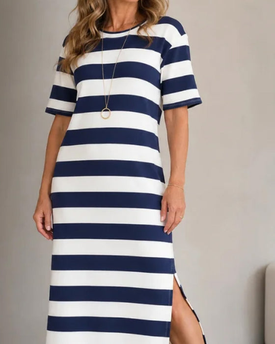 Robe Rayée Manches Courtes Fente Longue T-Shirt