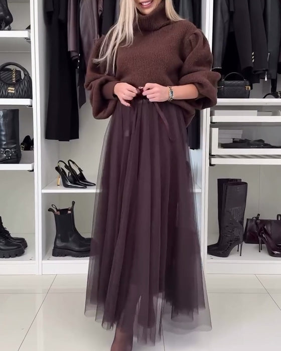 Jupe plissée décontractée à lacets en maille de couleur unie