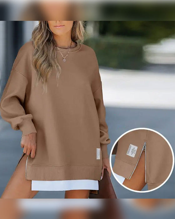 Robe Décontractée En Sweat À Manches Longues Avec Fermeture Éclair Et Fente