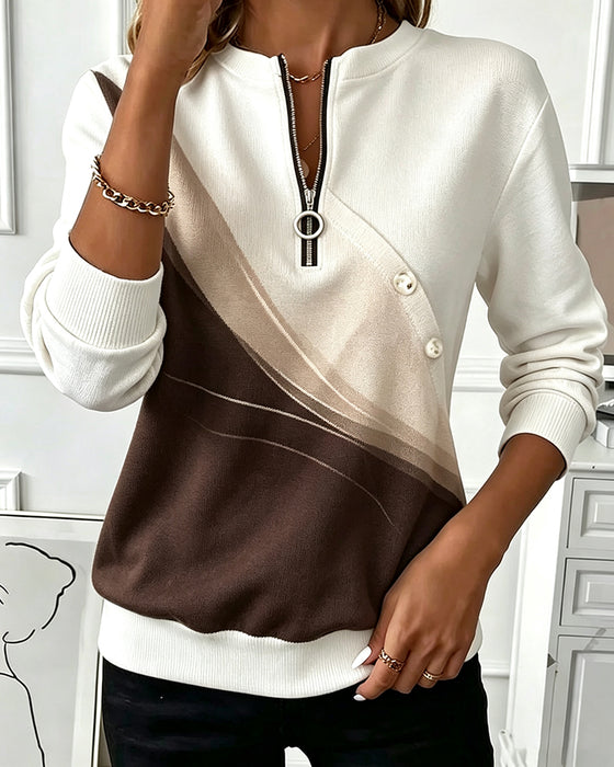 Sweatshirt Bloc De Couleurs Twill Bouton Demi-Fermeture Éclair