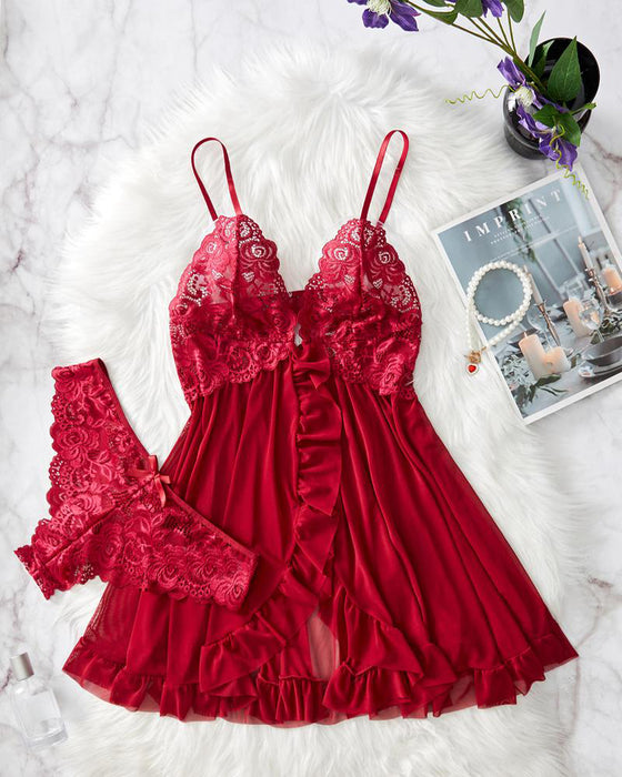 Chemise de Nuit Décolletée & Culotte Décor Nœud Set Femme Sexy Volant Dentelle