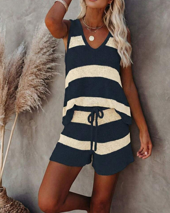 Ensemble Sans Manches Col V Rayé Short