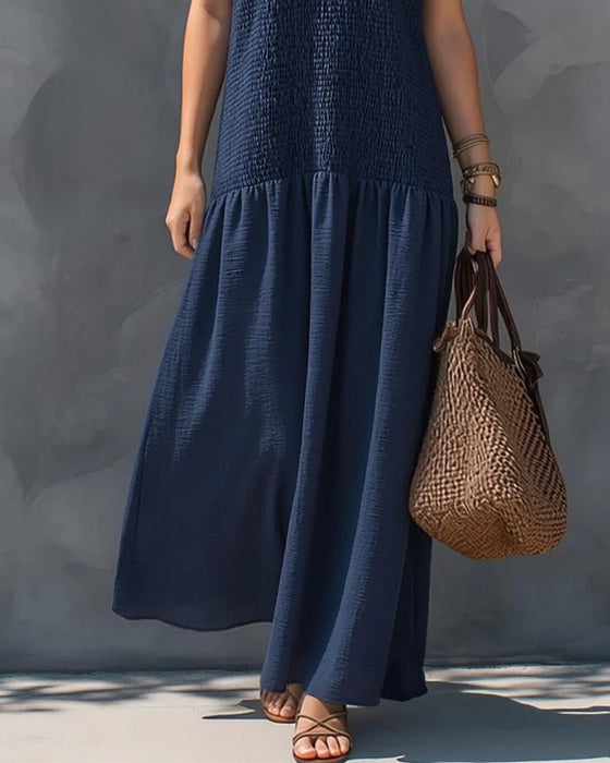 Robe Col En V Bretelles Froncée Patchwork Sans Manches