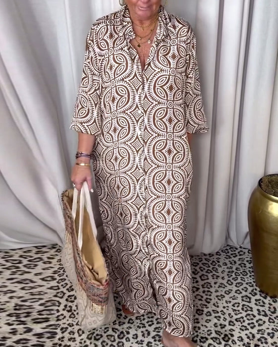 Robe longue imprimée vintage avec poche à revers