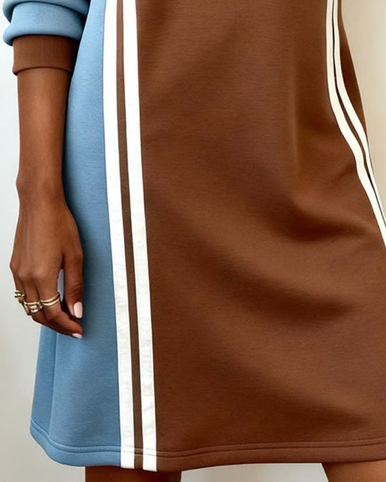 Robe Manches Longues Panachage Col Rond Droit