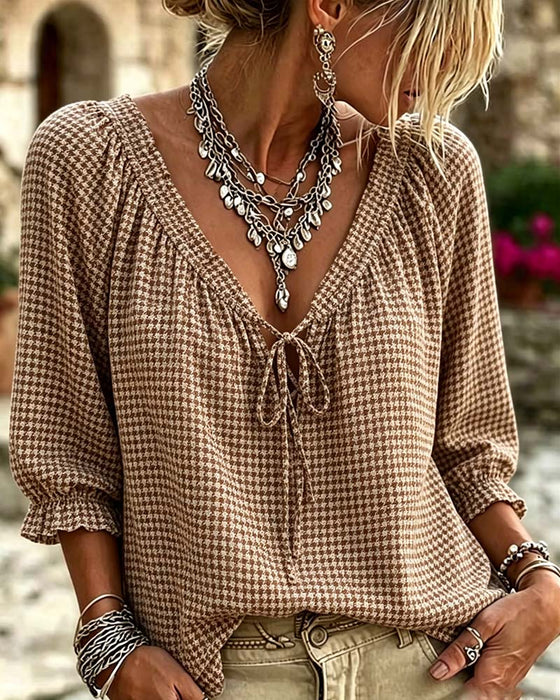 Blouse Col En V Manches Ballon Attacher Pied-De-Poule