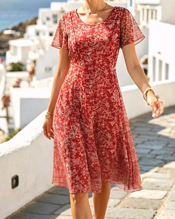 Robe Floral Manche Courte A-Ligne