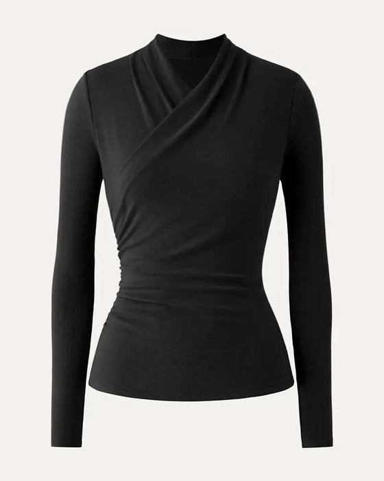 Haut Croisé Col En V Taille Plissée Manches Longues