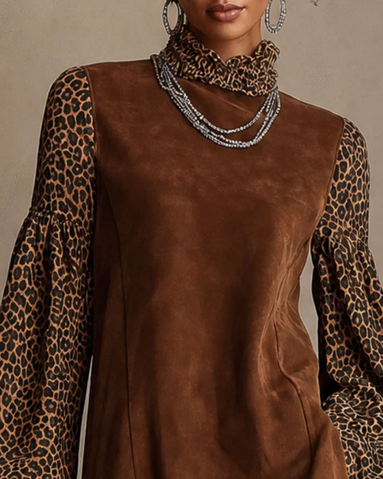 Robe Léopard Imprimé Manche Lanterne Volant Droit Mini