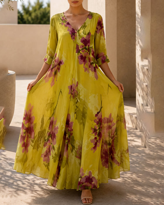 Robes Encre Lavage Floral Col V