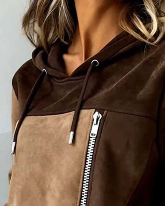 Hoodie À Capuche Cordon De Serrage Contraste Fermeture Éclair