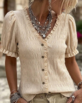 Blouse Plissé Volant Col V Manche Ballon