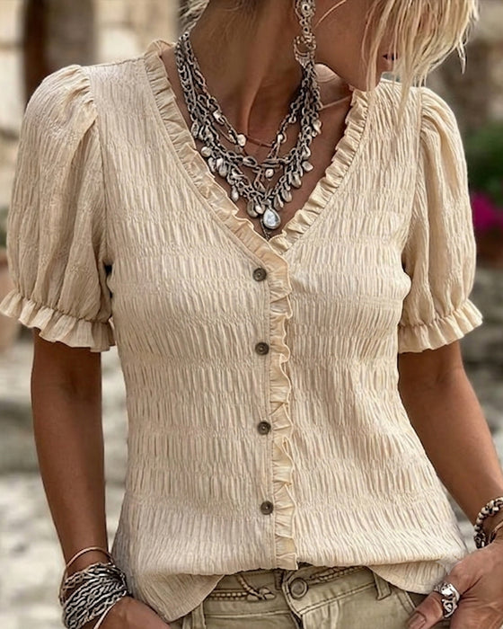 Blouse Plissé Volant Col V Manche Ballon