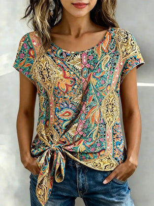 Blouse Imprimé Manches Courtes Attache Devant