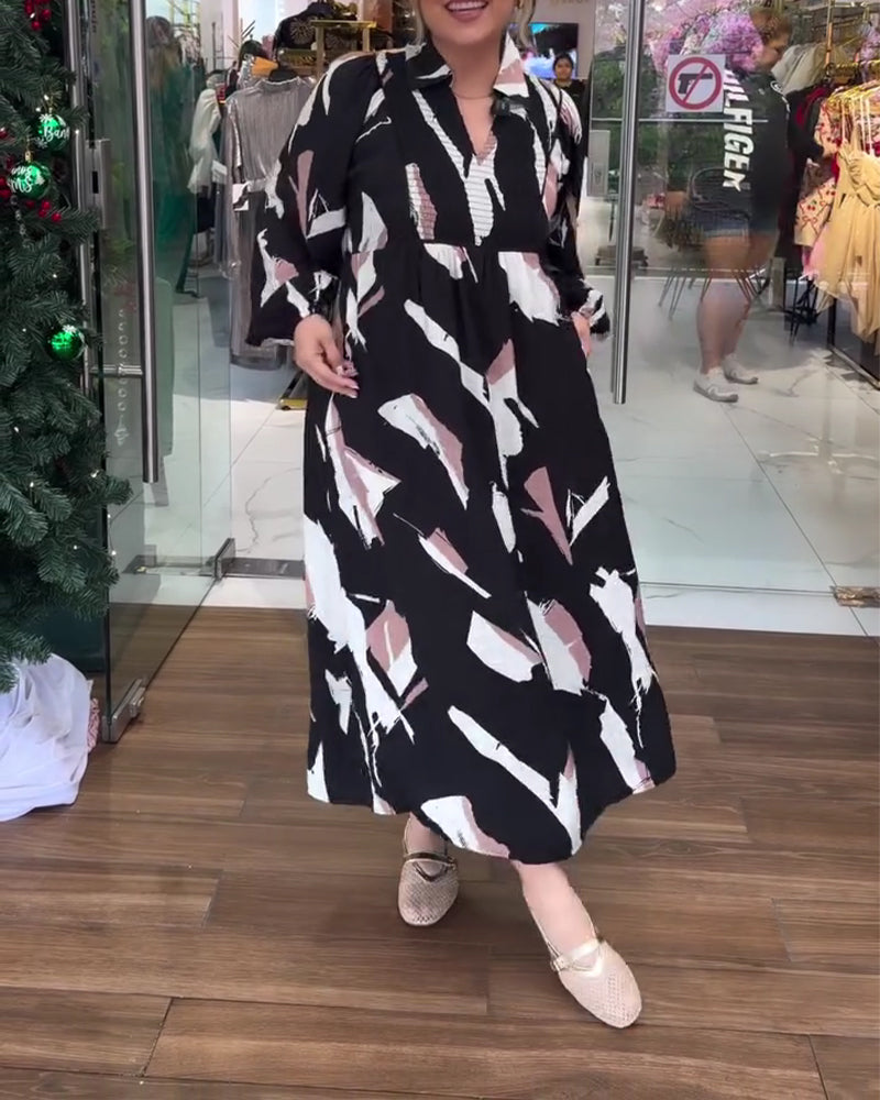 Robe Col V Imprimée Manches Longues