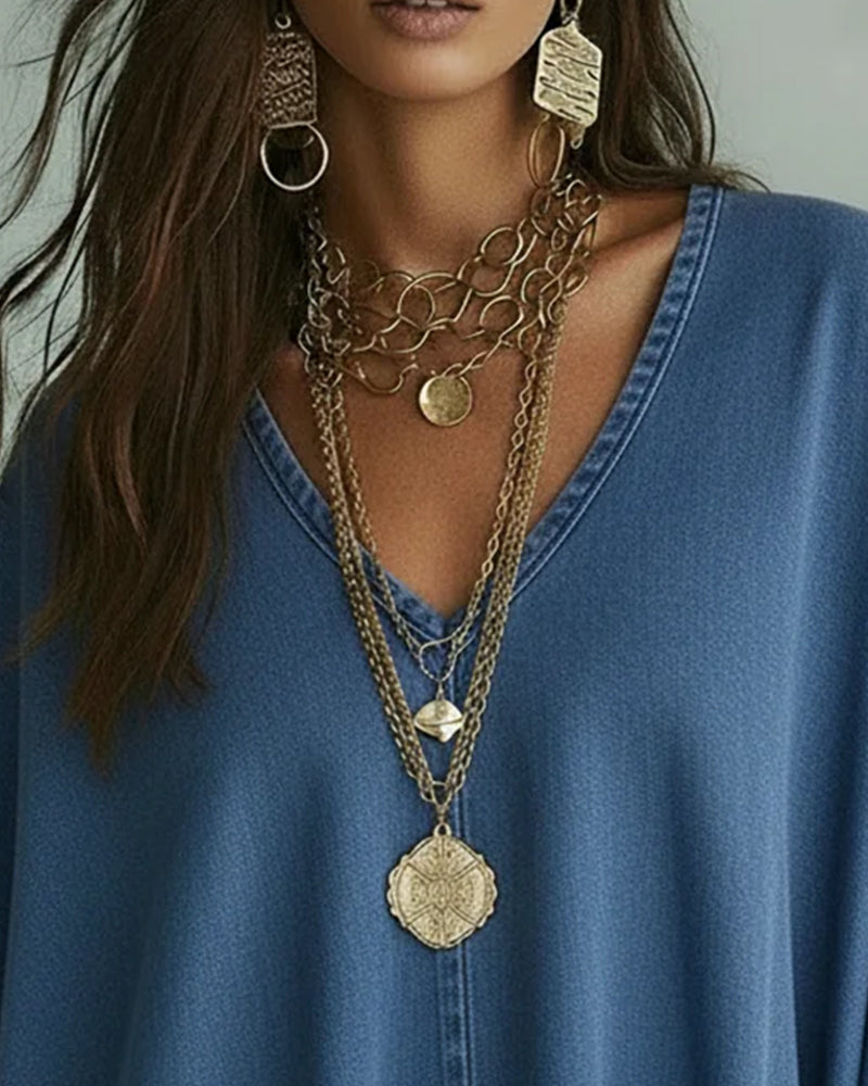 Blouse En Denim Ample À Col En V Irrégulier