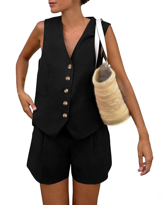 Ensemble Col En V Débardeur Simple Boutonnage Short