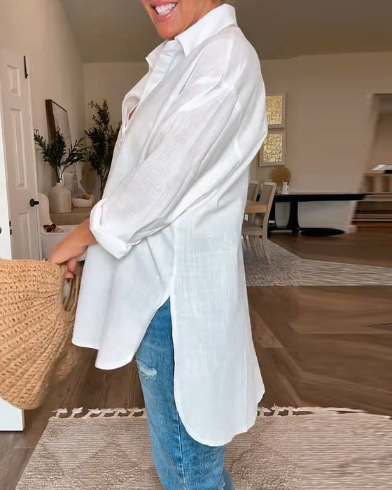Blouse Col En V Bouton Unie Lâche