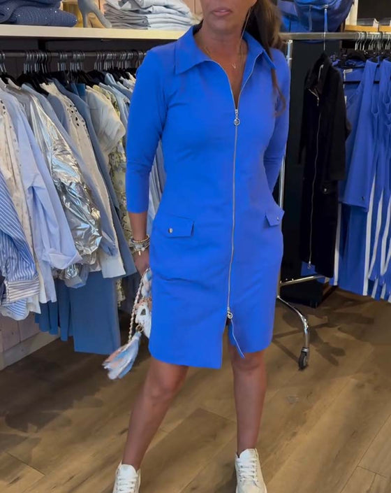 Robe Col Unie Fermeture Éclair Manches Longues