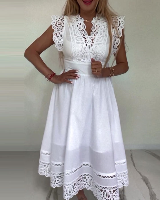 Robe élégante sans manches en dentelle de couleur unie à col en V