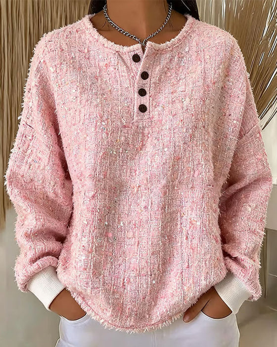 Sweatshirt Tweed Col Henley Boutonnage