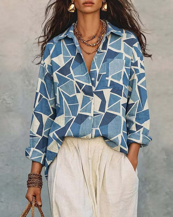 Blouse Imprimé Géométrique Col Manche Longue