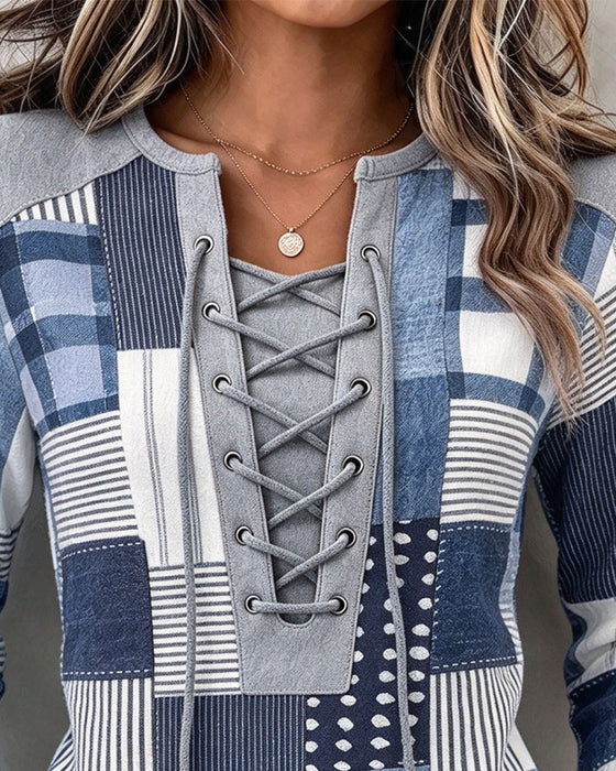 Sweat Lacé À Carreaux Manches Longues Slim