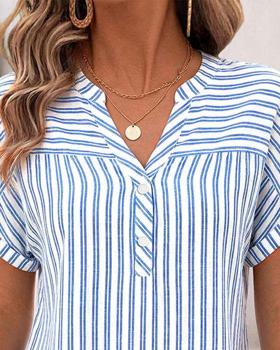 Blouse Rayure Col V Bouton Patchwork