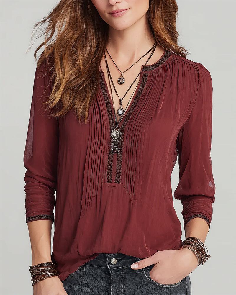 Blouse Col V Contrastant Manche Longue