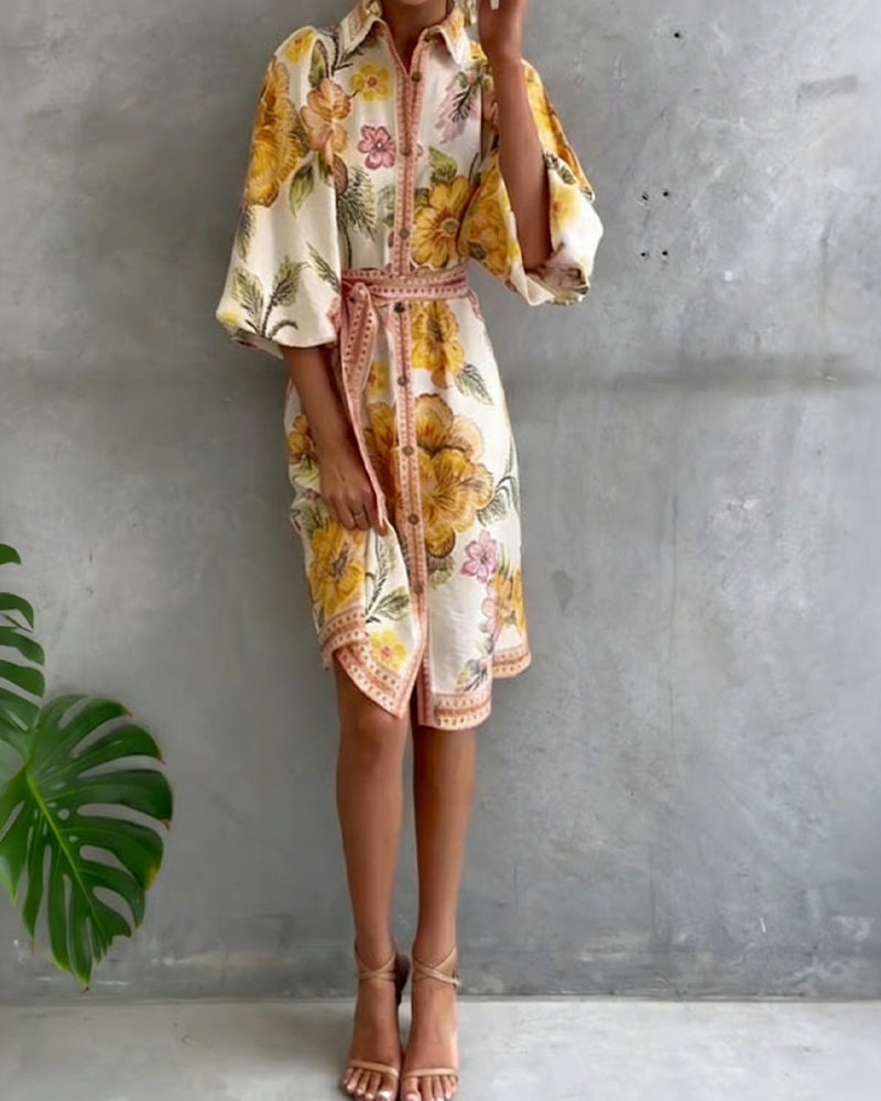 Robe Française Manchon Col Cranté Imprimé