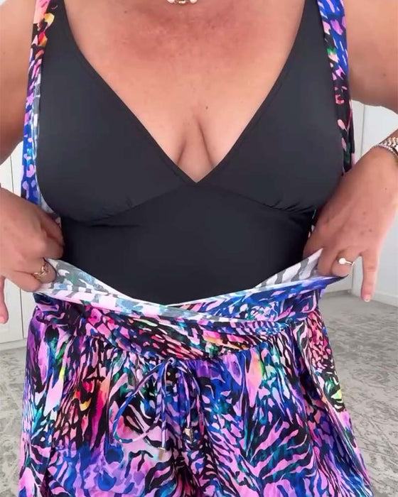 Maillot de Bain V-Col Imprimé Coloré Une Pièce