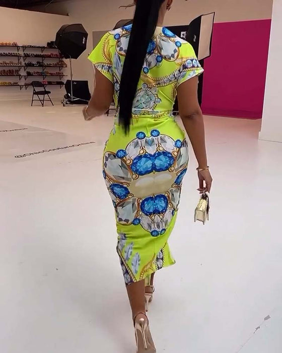 Robe imprimée à taille fendue en V profond