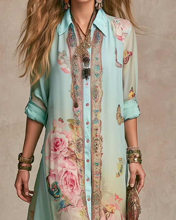 Robe Revers Papillon Rose Imprimé