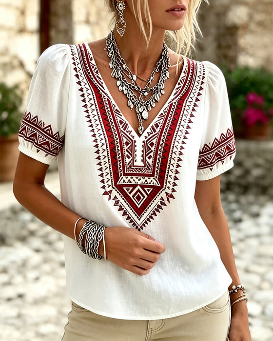 Blouse Col V Bohème Manche Bouffante