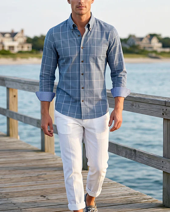 Chemise Bleu Et Blanc Carreau Revers Manche Longue