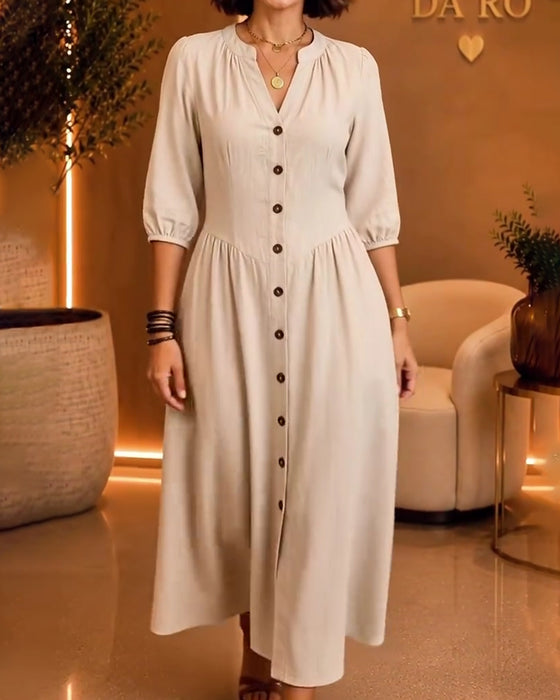 Robe Col En V Bouton Froncée Manche Coude