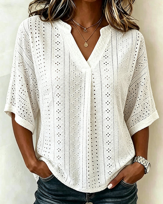 Chemise Col V Découpé Uni Demi-Manche