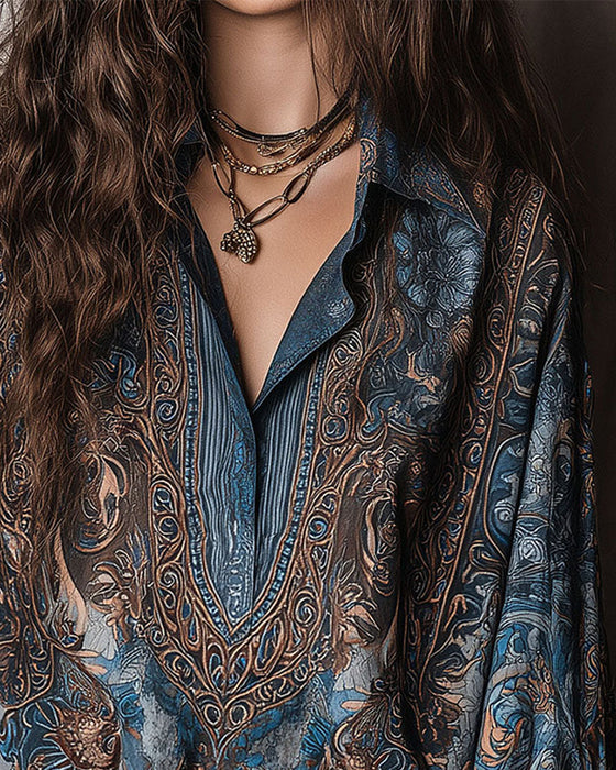 Blouse Retro Imprimé V-Cou Revers Sophistiqué